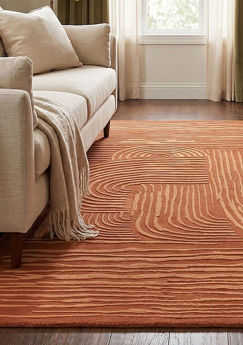 100% Wool Handmade Rust Orange Rug | Mid Century Modern Swirls Carpet With Cotton Backing For Living Room - Indya