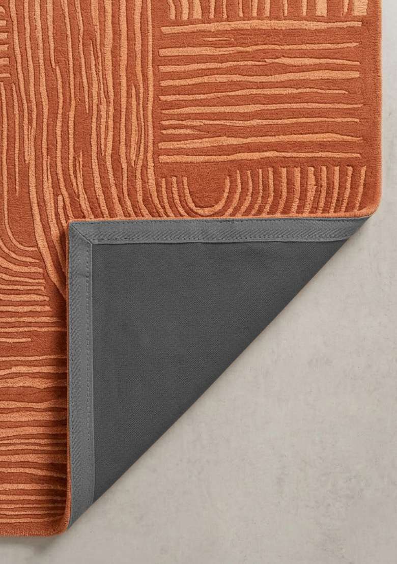 100% Wool Handmade Rust Orange Rug | Mid Century Modern Swirls Carpet With Cotton Backing For Living Room - Indya