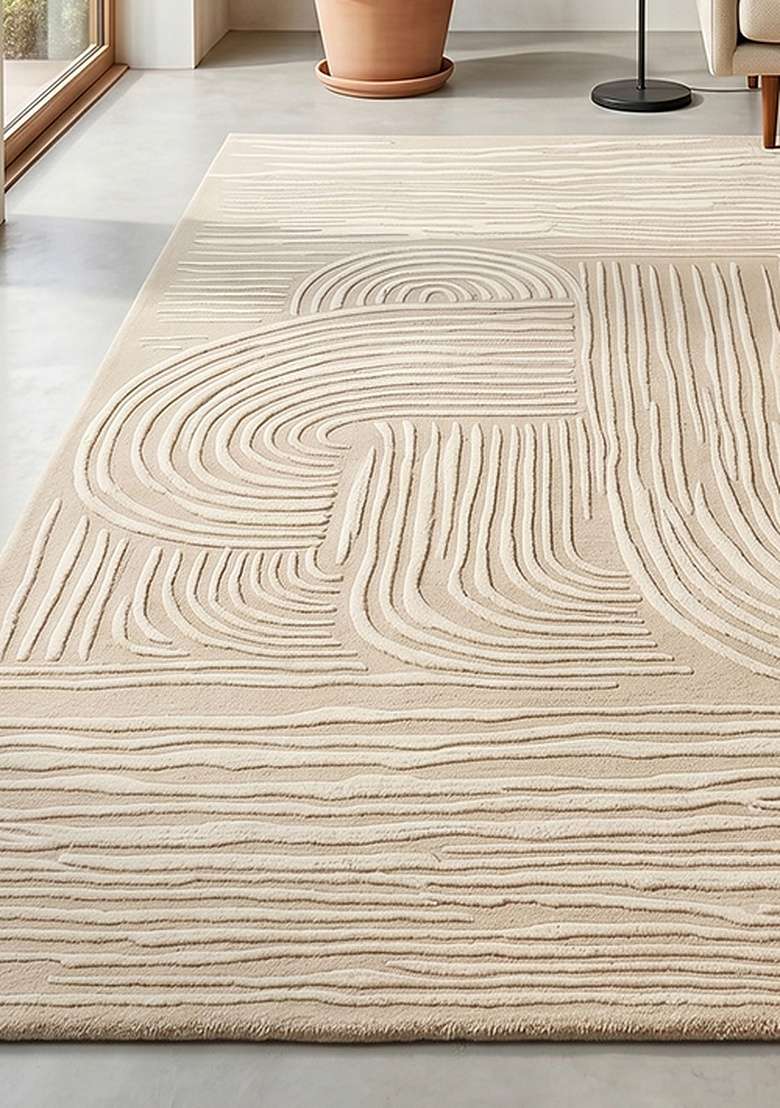 Saffron Rugs Hand-Tufted 100% Wool Area Rug | Ivory Beige Rectangular Rug | Cotton Backing | Mid-Century Modern Swirls Home Decor Carpet for Living Room Bedroom - Indya