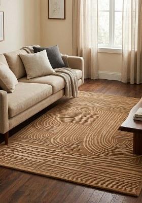 Saffron Rugs Hand-Tufted 100% Wool Area Rug | Camel Tan Rectangular Rug | Cotton Backing | Mid-Century Modern Swirls Home Decor Carpet for Living Room Bedroom