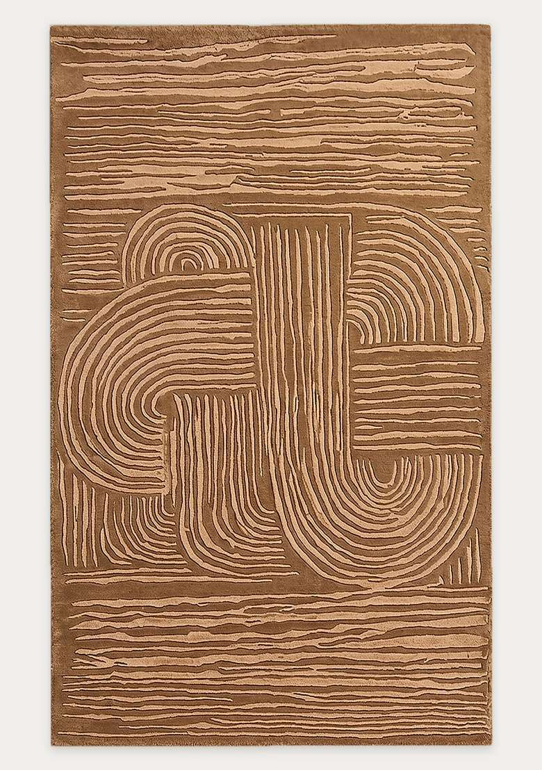 100% Wool Handmade Camel Tan Rug | Mid Century Modern Swirls Carpet With Cotton Backing For Living Room - Indya