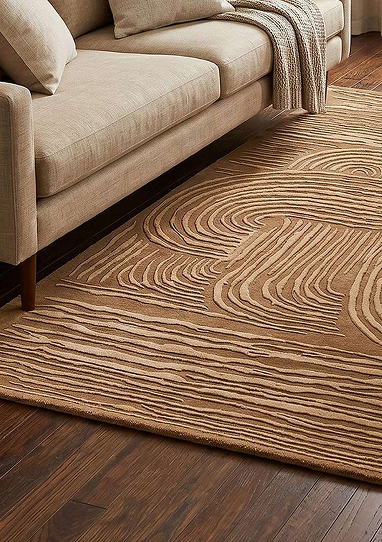 100% Wool Handmade Camel Tan Rug | Mid Century Modern Swirls Carpet With Cotton Backing For Living Room - Indya