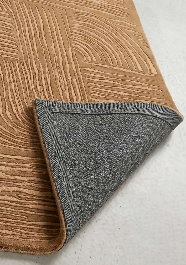 100% Wool Handmade Camel Tan Rug | Mid Century Modern Swirls Carpet With Cotton Backing For Living Room - Indya