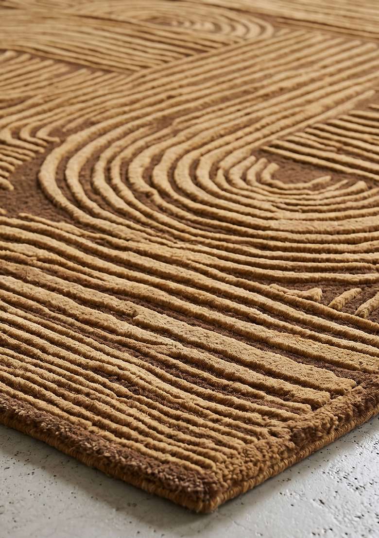 100% Wool Handmade Camel Tan Rug | Mid Century Modern Swirls Carpet With Cotton Backing For Living Room - Indya