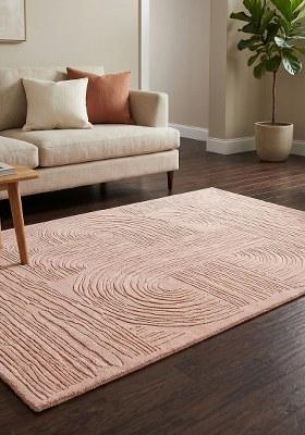 Saffron Rugs Hand Tufted Blush Pink Swirls Mid-Century Modern Rectangular Wool Area Rug
