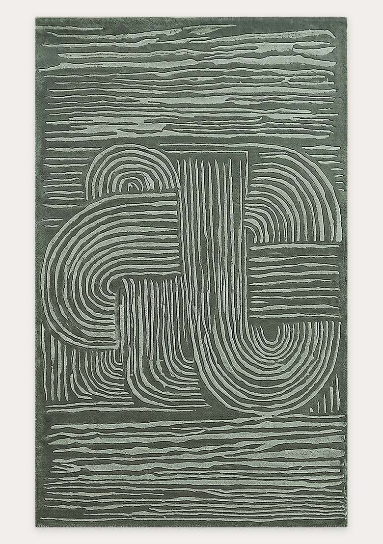 100% Wool Handmade Sage Green Rug | Mid Century Modern Swirls Carpet With Cotton Backing For Living Room - Indya