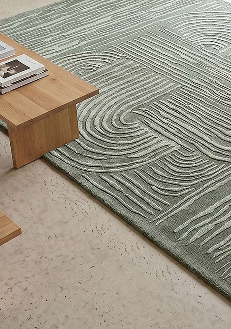 100% Wool Handmade Sage Green Rug | Mid Century Modern Swirls Carpet With Cotton Backing For Living Room - Indya
