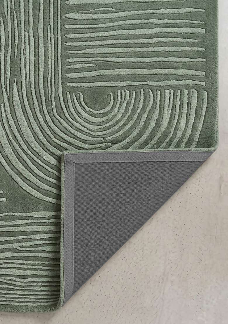 100% Wool Handmade Sage Green Rug | Mid Century Modern Swirls Carpet With Cotton Backing For Living Room - Indya