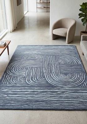 Saffron Rugs Hand-Tufted 100% Wool Area Rug | Slate Blue Rectangular Rug | Cotton Backing | Mid-Century Modern Swirls Home Decor Carpet for Living Room Bedroom