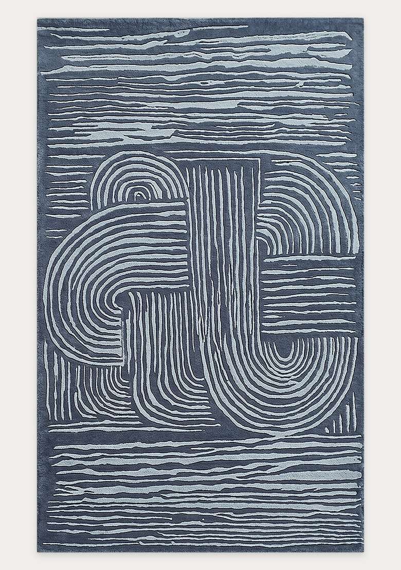 100% Wool Handmade Slate Blue Rug | Mid Century Modern Swirls Carpet With Cotton Backing For Living Room - Indya