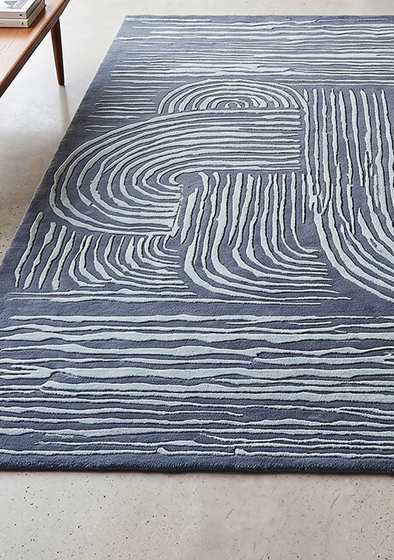 100% Wool Handmade Slate Blue Rug | Mid Century Modern Swirls Carpet With Cotton Backing For Living Room - Indya