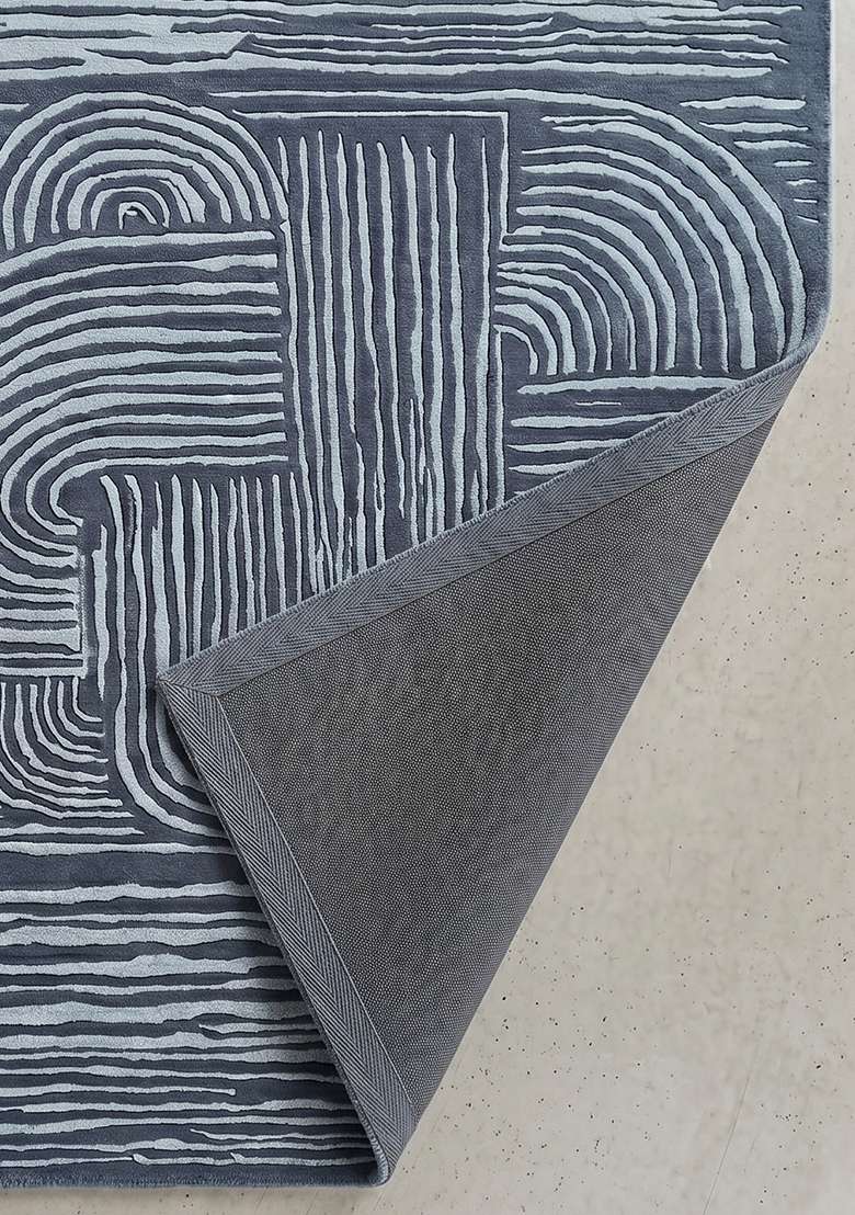 100% Wool Handmade Slate Blue Rug | Mid Century Modern Swirls Carpet With Cotton Backing For Living Room - Indya