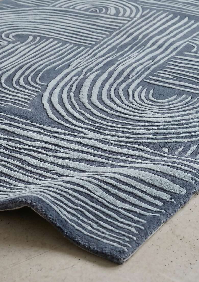 100% Wool Handmade Slate Blue Rug | Mid Century Modern Swirls Carpet With Cotton Backing For Living Room - Indya