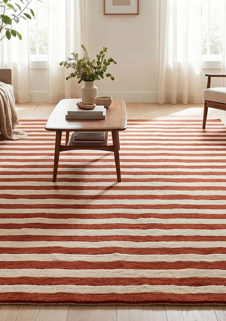Saffron Rugs Hand-Tufted 100% Wool Area Rug | Rust Orange Rectangular Rug | Cotton Backing | Contemporary Striped Home Decor Carpet for Living Room Bedroom - Indya