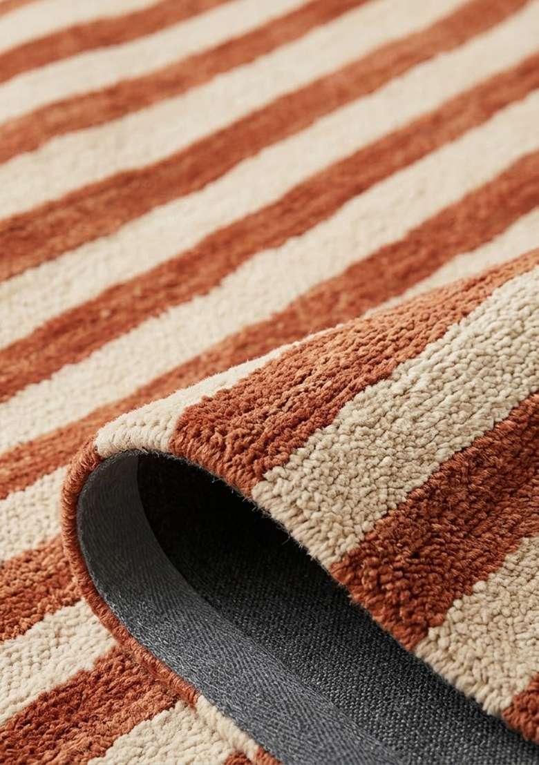 Saffron Rugs Hand-Tufted 100% Wool Area Rug | Rust Orange Rectangular Rug | Cotton Backing | Contemporary Striped Home Decor Carpet for Living Room Bedroom - Indya
