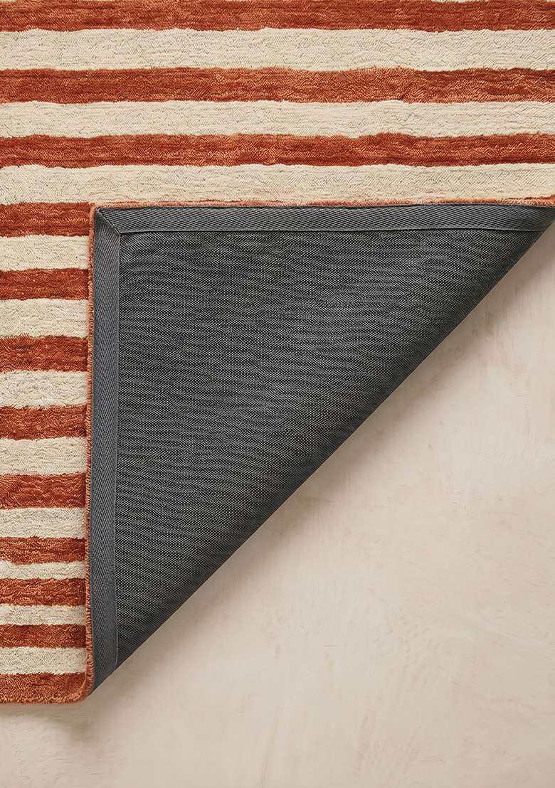Saffron Rugs Hand-Tufted 100% Wool Area Rug | Rust Orange Rectangular Rug | Cotton Backing | Contemporary Striped Home Decor Carpet for Living Room Bedroom - Indya