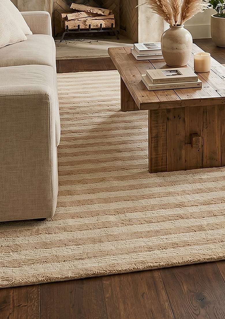 Saffron Rugs Hand-Tufted 100% Wool Area Rug | Beige Rectangular Rug | Cotton Backing | Contemporary Striped Home Decor Carpet for Living Room Bedroom - Indya