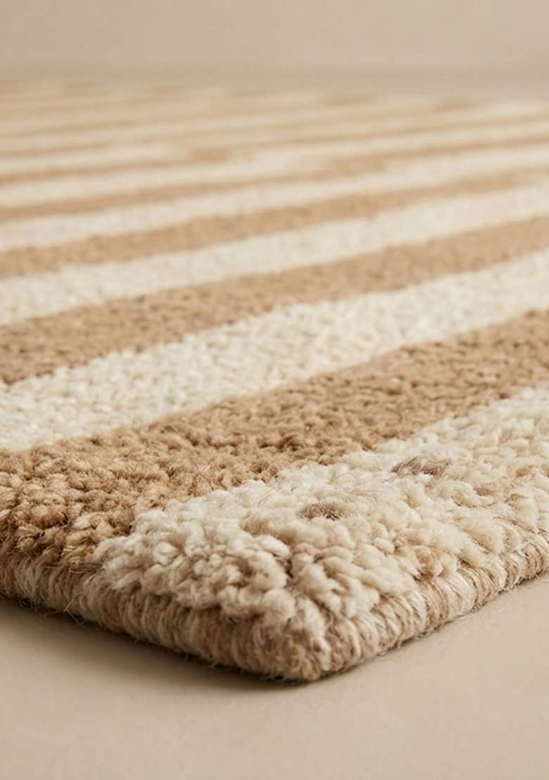 Saffron Rugs Hand-Tufted 100% Wool Area Rug | Beige Rectangular Rug | Cotton Backing | Contemporary Striped Home Decor Carpet for Living Room Bedroom - Indya