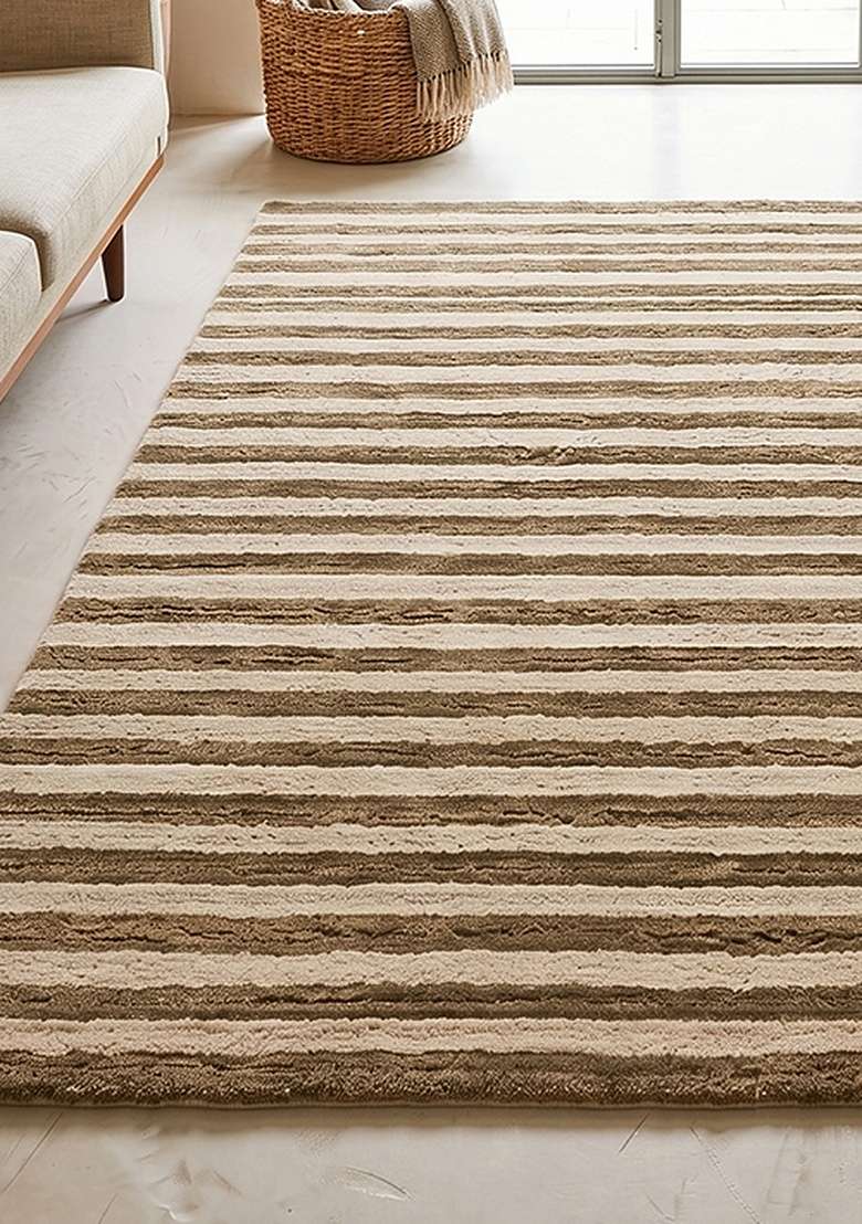 Saffron Rugs Hand-Tufted 100% Wool Area Rug | Walnut Brown Rectangular Rug | Cotton Backing | Contemporary Striped Home Decor Carpet for Living Room Bedroom - Indya