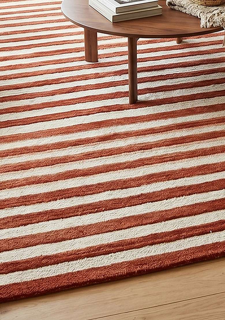 Saffron Rugs Hand-Tufted 100% Wool Area Rug | Brick Red Rectangular Rug | Cotton Backing | Contemporary Striped Home Decor Carpet for Living Room Bedroom - Indya