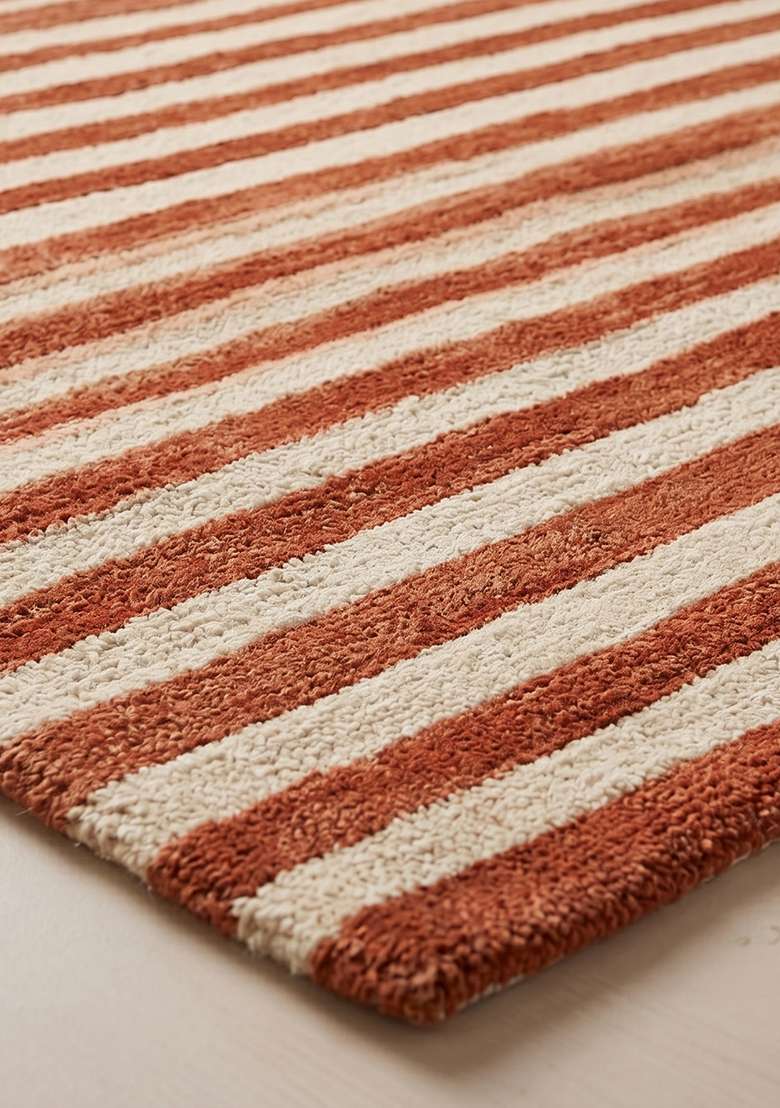 Saffron Rugs Hand-Tufted 100% Wool Area Rug | Brick Red Rectangular Rug | Cotton Backing | Contemporary Striped Home Decor Carpet for Living Room Bedroom - Indya
