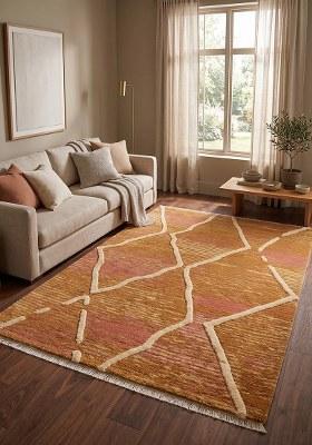 Saffron Rugs Hand Tufted Ochre Gold Trellis Moroccan Rectangular Wool Area Rug