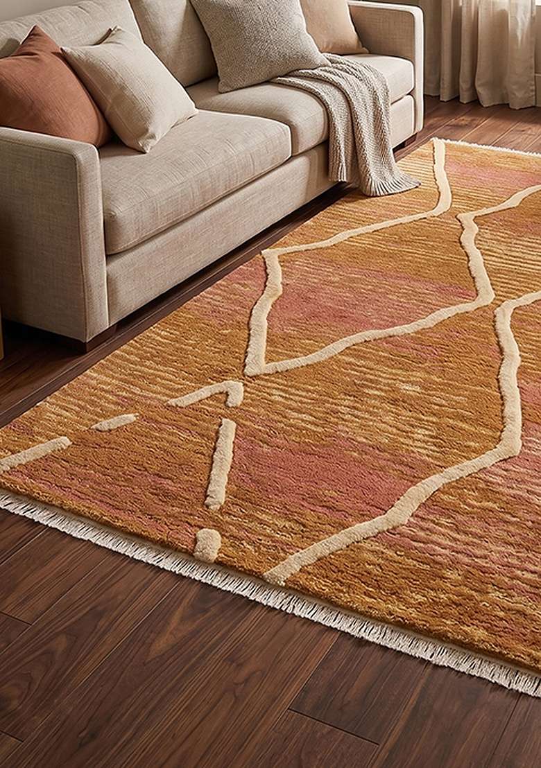 Saffron Rugs Hand-Tufted 100% Wool Area Rug | Ochre Gold Rectangular Rug | Cotton Backing | Moroccan Trellis Home Decor Carpet for Living Room Bedroom - Indya