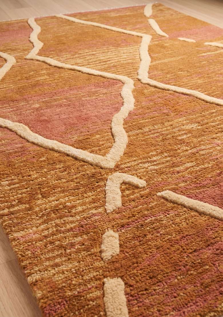 Saffron Rugs Hand-Tufted 100% Wool Area Rug | Ochre Gold Rectangular Rug | Cotton Backing | Moroccan Trellis Home Decor Carpet for Living Room Bedroom - Indya