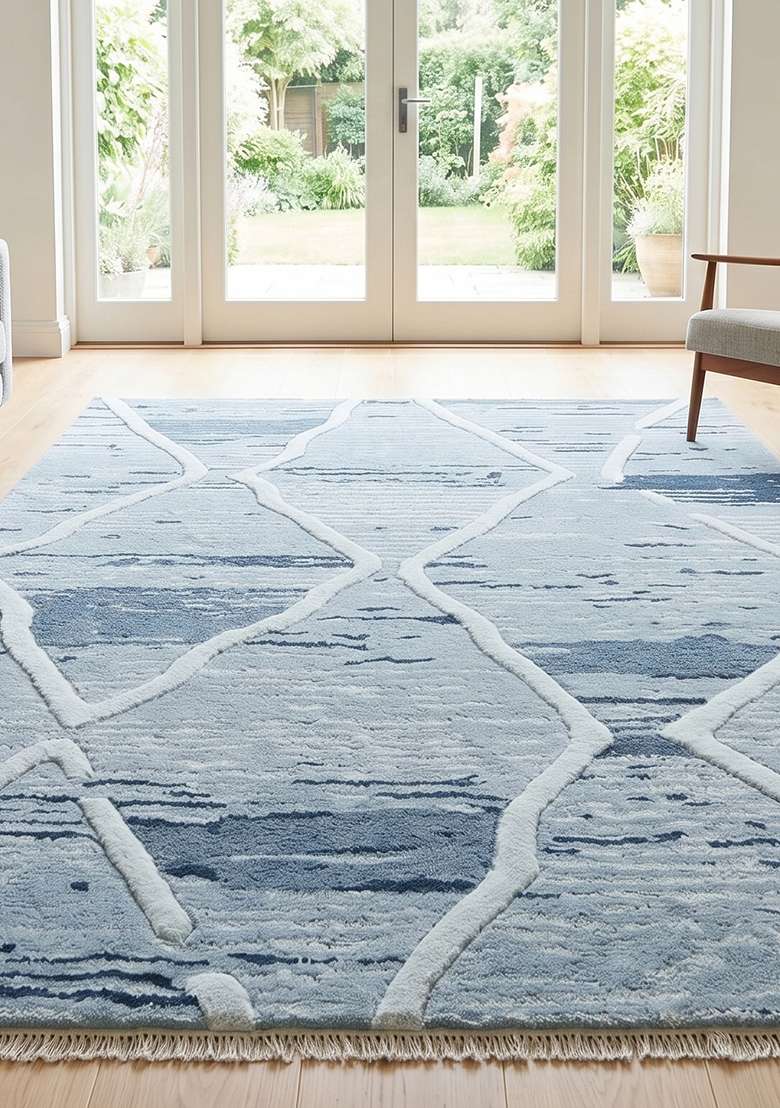 Saffron Rugs Hand-Tufted 100% Wool Area Rug | Slate Blue Rectangular Rug | Cotton Backing | Moroccan Trellis Home Decor Carpet for Living Room Bedroom - Indya
