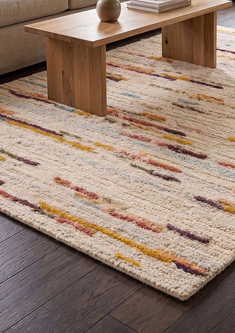 Saffron Rugs Hand-Tufted 100% Wool Area Rug | Ivory Rectangular Rug | Cotton Backing | Bohemian Striped Home Decor Carpet for Living Room Bedroom - Indya