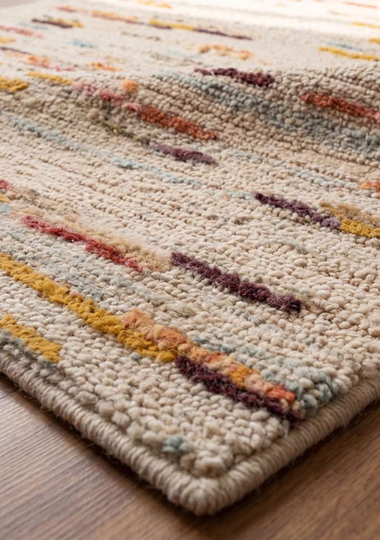 Saffron Rugs Hand-Tufted 100% Wool Area Rug | Ivory Rectangular Rug | Cotton Backing | Bohemian Striped Home Decor Carpet for Living Room Bedroom - Indya