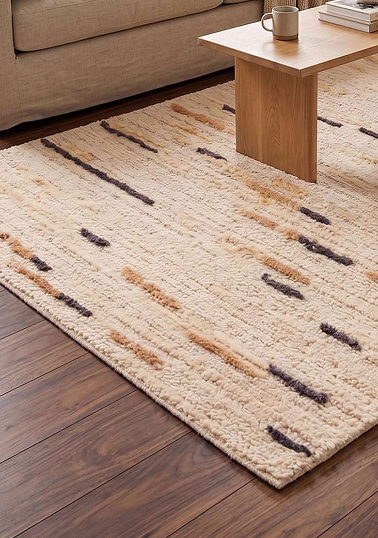 Saffron Rugs Hand-Tufted 100% Wool Area Rug | Beige Rectangular Rug | Cotton Backing | Bohemian Striped Home Decor Carpet for Living Room Bedroom - Indya