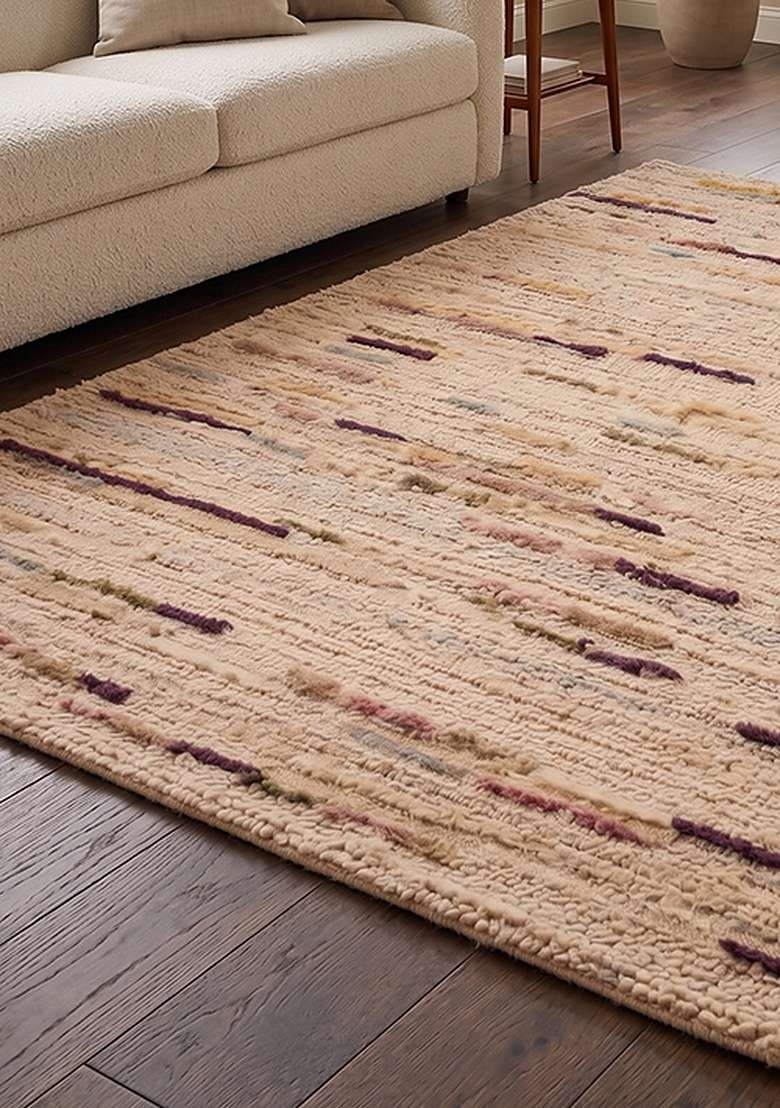 Saffron Rugs Hand-Tufted 100% Wool Area Rug | Camel Tan Rectangular Rug | Cotton Backing | Bohemian Striped Home Decor Carpet for Living Room Bedroom - Indya