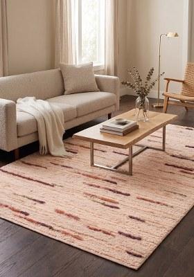 Saffron Rugs Hand-Tufted 100% Wool Area Rug | Blush Pink Rectangular Rug | Cotton Backing | Bohemian Striped Home Decor Carpet for Living Room Bedroom