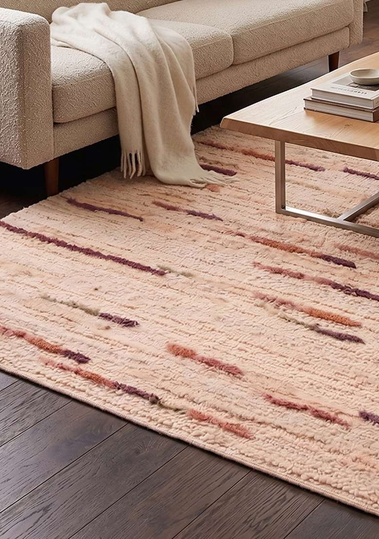 Saffron Rugs Hand-Tufted 100% Wool Area Rug | Blush Pink Rectangular Rug | Cotton Backing | Bohemian Striped Home Decor Carpet for Living Room Bedroom - Indya