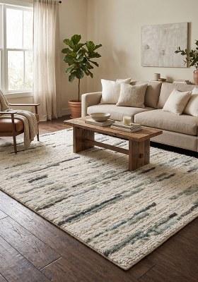 Saffron Rugs Hand-Tufted 100% Wool Area Rug | Muted Sage Green Rectangular Rug | Cotton Backing | Bohemian Striped Home Decor Carpet for Living Room Bedroom