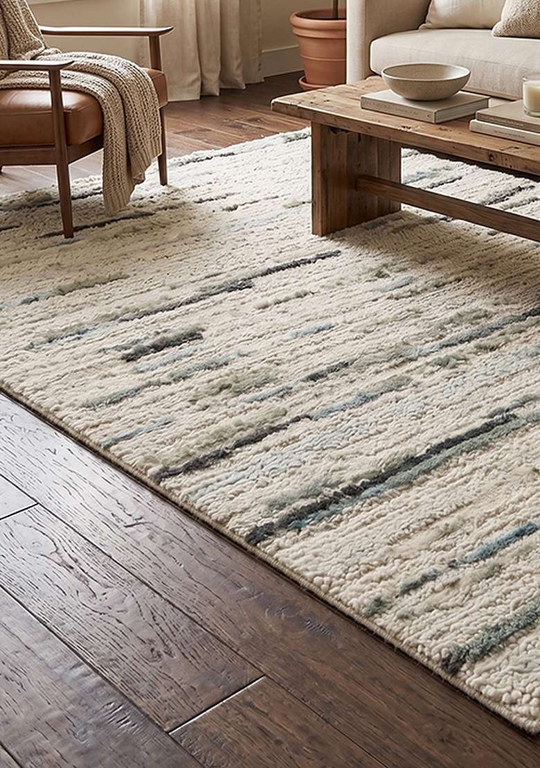 Saffron Rugs Hand-Tufted 100% Wool Area Rug | Muted Sage Green Rectangular Rug | Cotton Backing | Bohemian Striped Home Decor Carpet for Living Room Bedroom - Indya