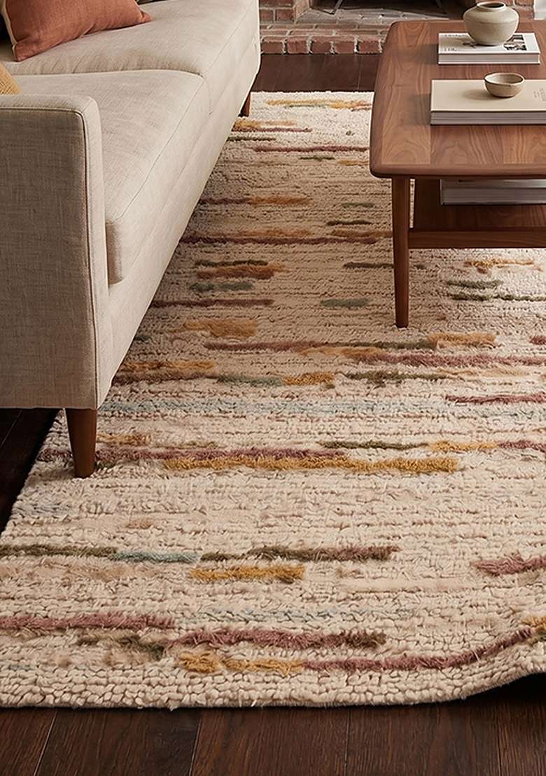Saffron Rugs Hand-Tufted 100% Wool Area Rug | Beige Rectangular Rug | Cotton Backing | Bohemian Striped Home Decor Carpet for Living Room Bedroom - Indya