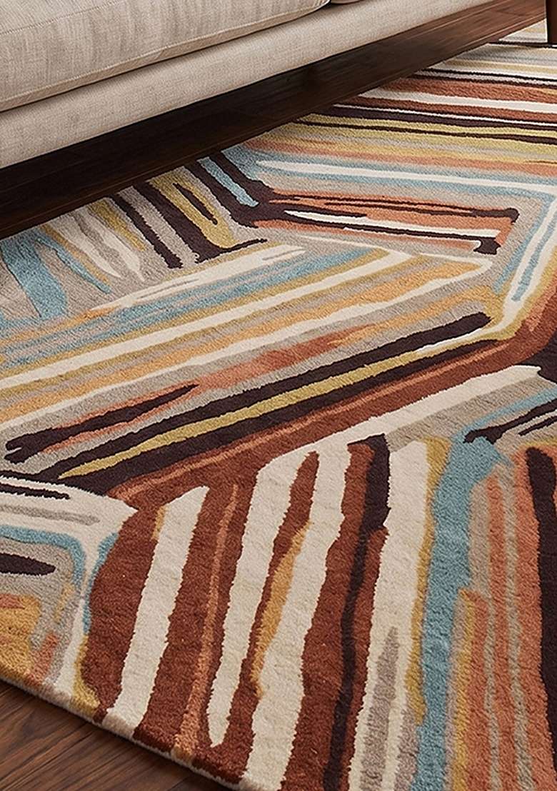 100% Wool Handmade Terracotta Rug | Geometric Carpet With Cotton Backing For Living Room - Indya