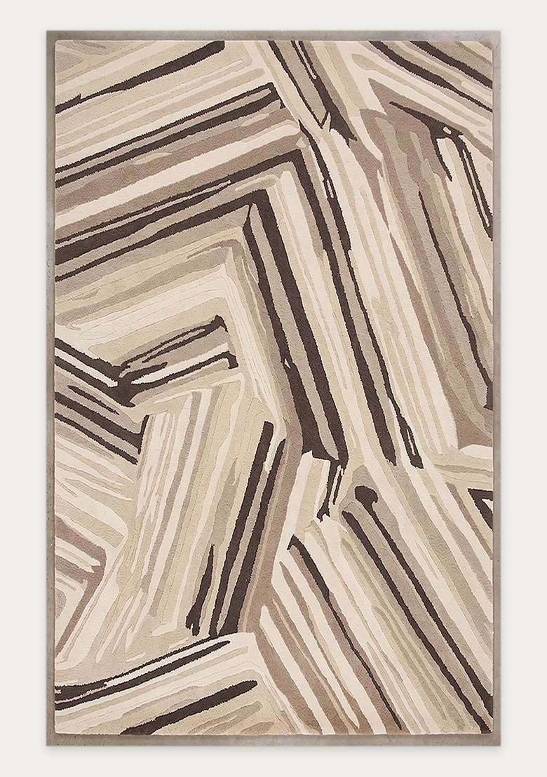 100% Wool Handmade Taupe Rug | Geometric Carpet With Cotton Backing For Living Room - Indya