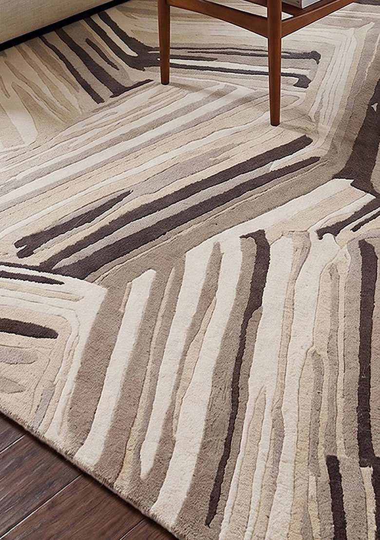 100% Wool Handmade Taupe Rug | Geometric Carpet With Cotton Backing For Living Room - Indya