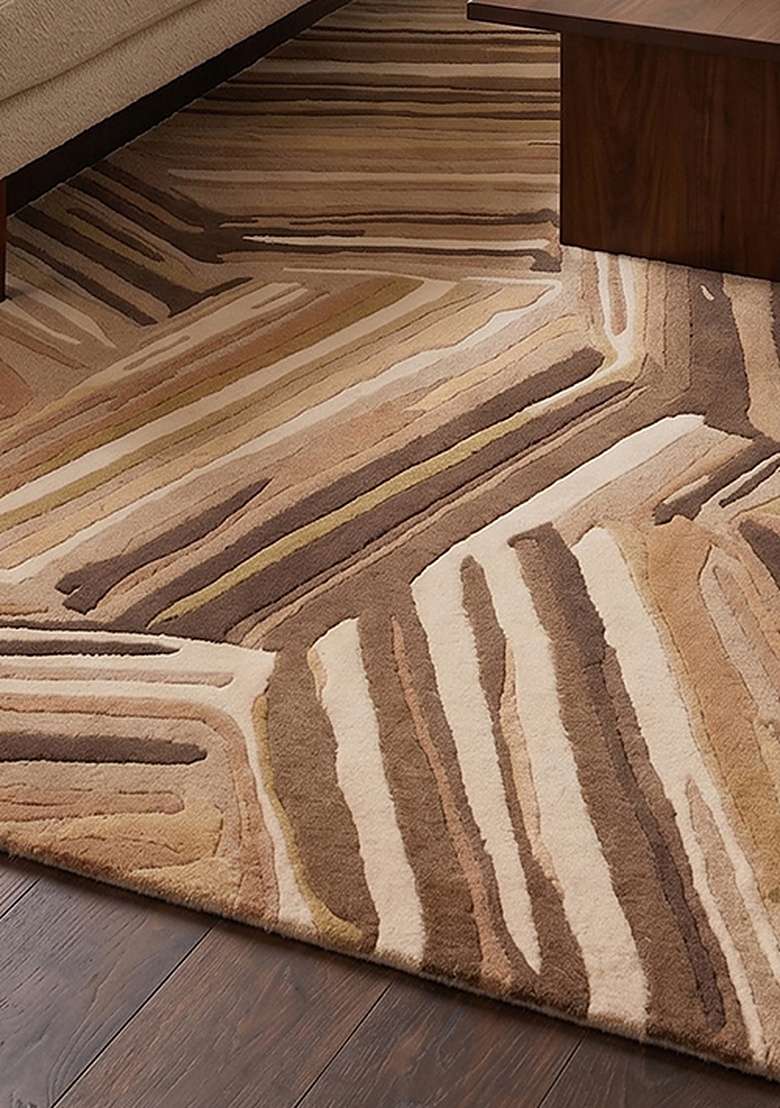 100% Wool Handmade Camel Rug | Geometric Carpet With Cotton Backing For Living Room - Indya
