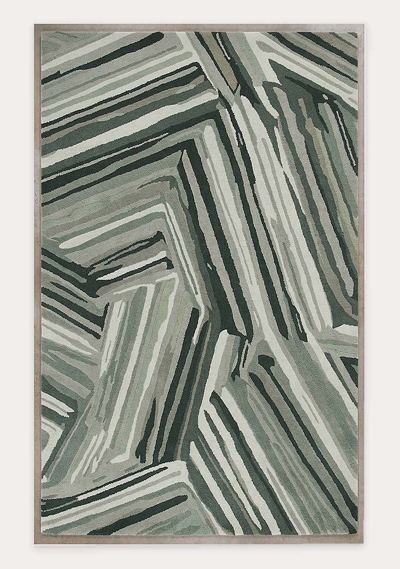 100% Wool Handmade Sage Green Rug | Geometric Carpet With Cotton Backing For Living Room - Indya