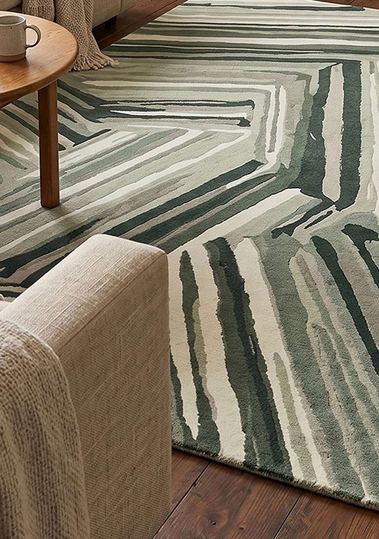 100% Wool Handmade Sage Green Rug | Geometric Carpet With Cotton Backing For Living Room - Indya