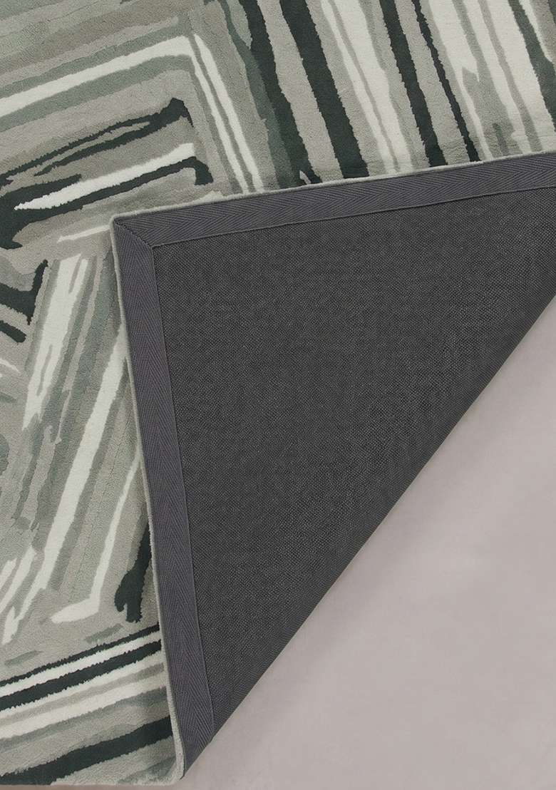 100% Wool Handmade Sage Green Rug | Geometric Carpet With Cotton Backing For Living Room - Indya