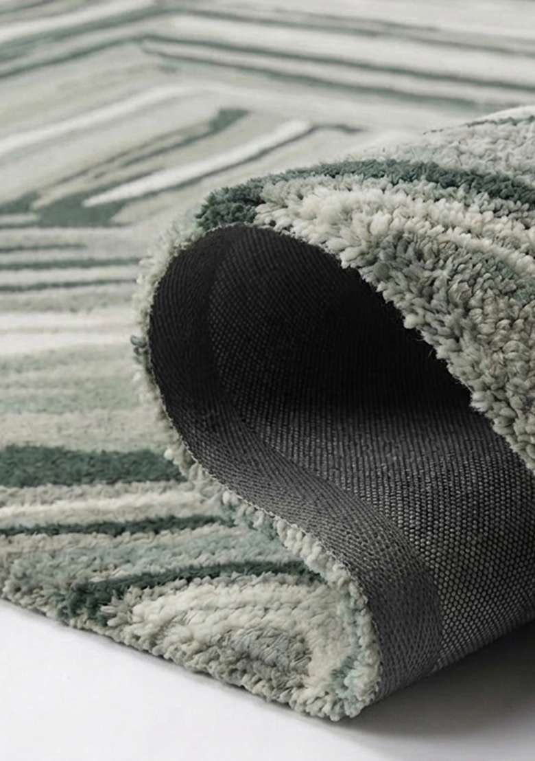 100% Wool Handmade Sage Green Rug | Geometric Carpet With Cotton Backing For Living Room - Indya