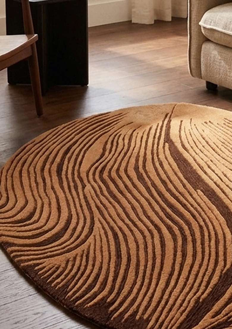 Saffron Rugs Hand-Tufted 100% Wool Area Rug | Camel Tan Oval Rug | Cotton Backing | Modern Swirls Home Decor Carpet for Living Room Bedroom - Indya