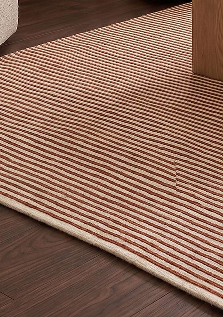 100% Wool Handmade Rust Orange Rug | Contemporary Striped Carpet With Cotton Backing For Living Room - Indya