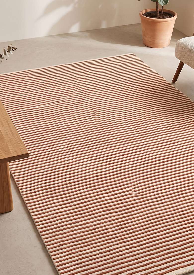 100% Wool Handmade Rust Orange Rug | Contemporary Striped Carpet With Cotton Backing For Living Room - Indya