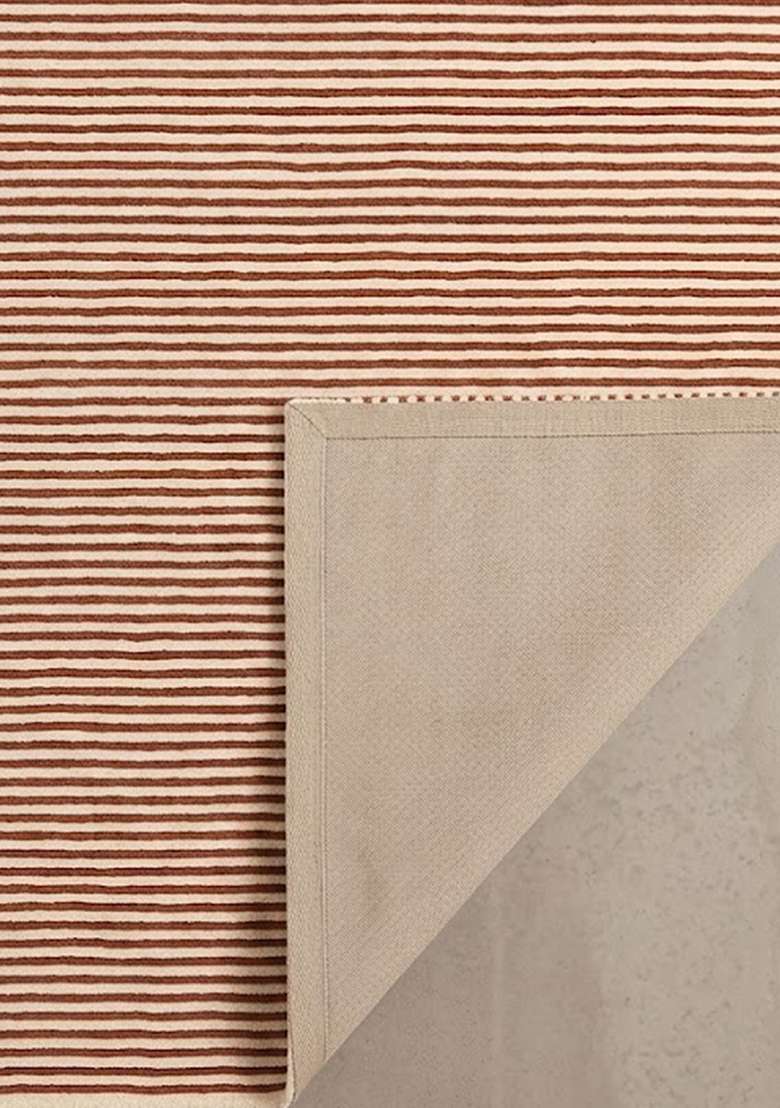 100% Wool Handmade Rust Orange Rug | Contemporary Striped Carpet With Cotton Backing For Living Room - Indya